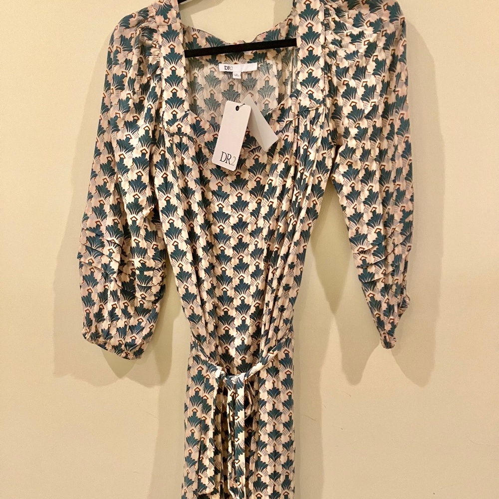 Deco Square Neck Dress D2 Daniel Rainn Long-Sleeved Pink & Green w Pockets